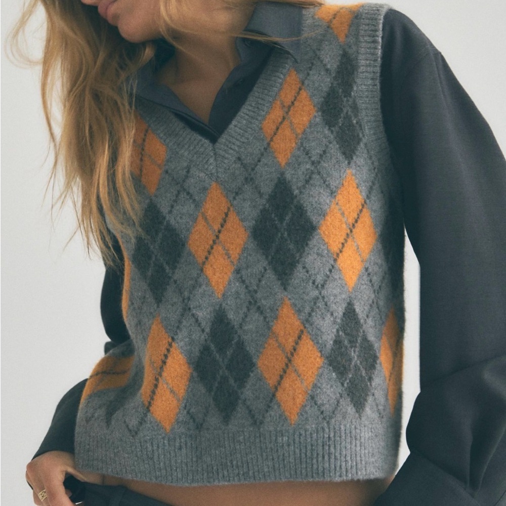 Zara Gray and Orange Argyle V-Neck Sweater Vest